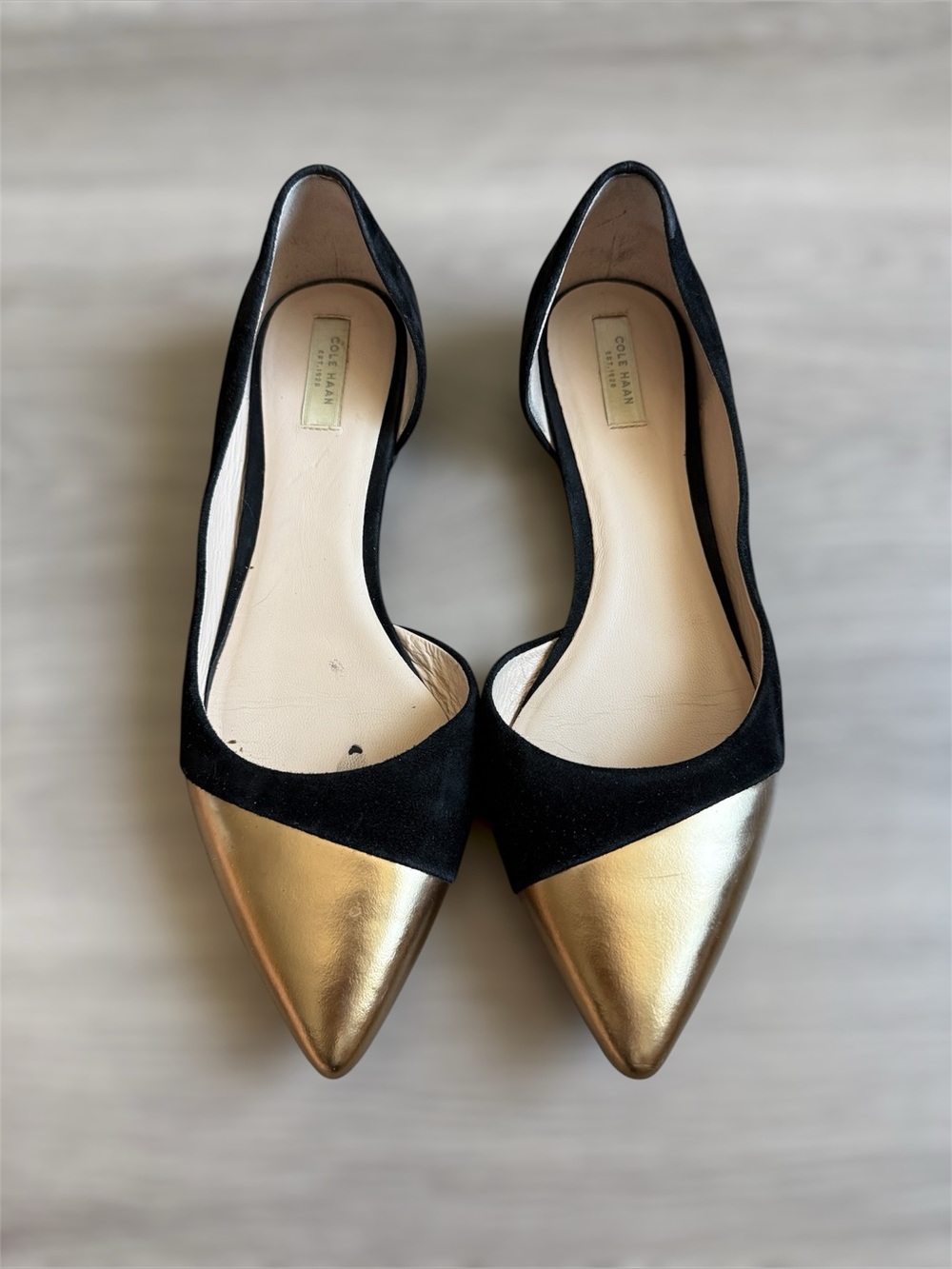 Cole Haan Grand OS d’Orsay Flat — Black Suede & Gold Cap Toe